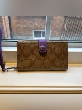 Coach Brown Signature Canvas Wallet with Purple Snap Tab